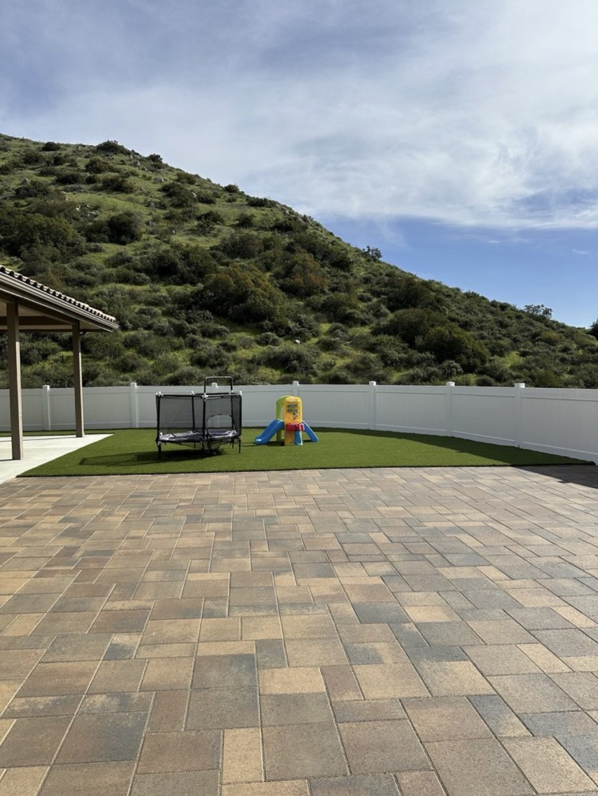 Paver patio with turf play area